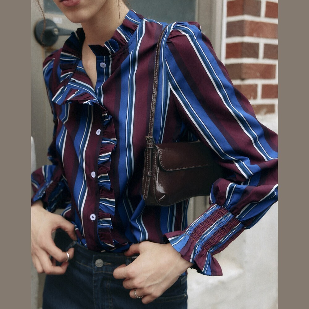 Burgundy Blue Striped Ruffle Trim Stand Collar Long Sleeve Blouse